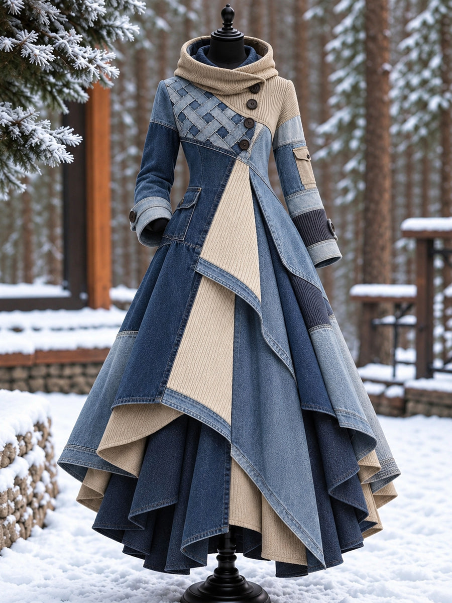 Women’s Vintage High-Collar Asymmetrical Double-Layer Hem Long Maxi Coat